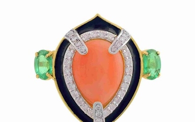 18k Yellow Gold Ring HI/SI Diamond Coral Emerald