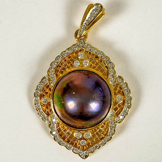 18kt Yellow and White Black Mabe Pearl and Diamond Pendant