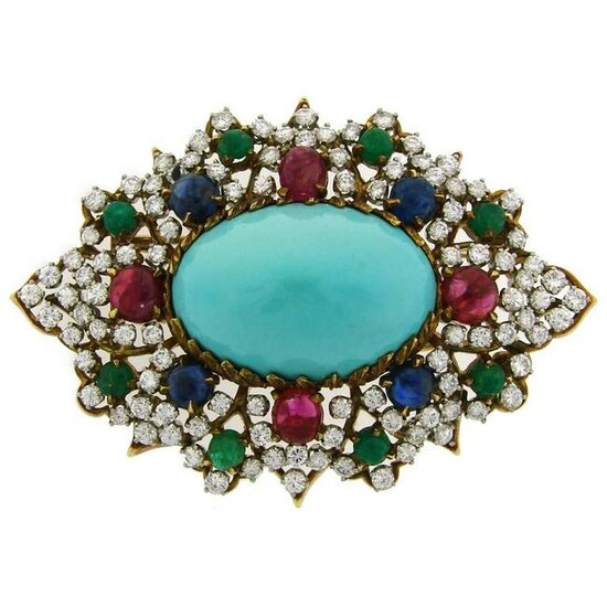 1970s Turquoise Diamond Gem Stone Gold Brooch Pin