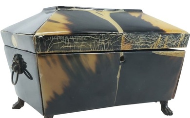 19th C. English Continental Tea Caddy Box with Tortoise Shell Veneer