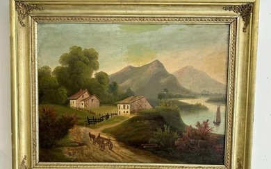 19th c o/c landscape with water on right with sailboat, farmhouse with barn on the left, with man in
