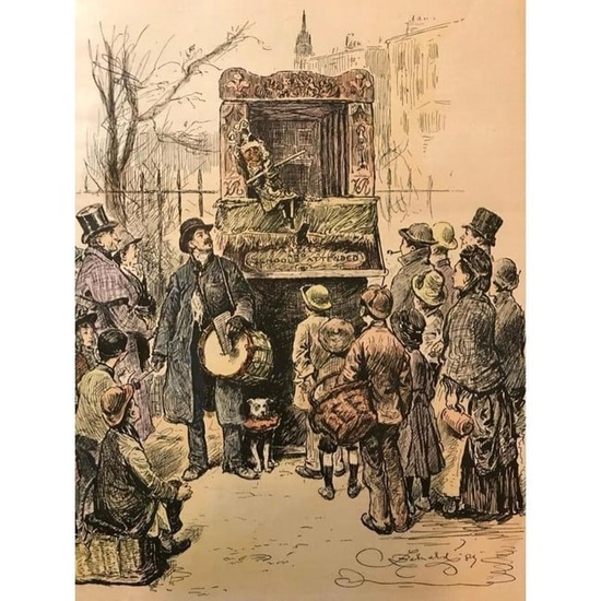 19thc Punch And Judy Handcolored Engraving