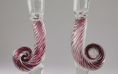 (2) Art glass candlesticks w/ amethyst glass