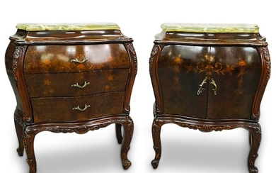 (2 Pc) Pair of Louis XV Style Wooden Bombe Nightstands