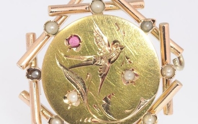 18 kt. Pink gold, Yellow gold - Brooch, Style: Victorian - Anno: 1880 -Pearl - Red strass - NO RESERVE PRICE - (Matching earrings also offered in this auction!)