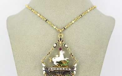 Pegasus & Dragon - 18 kt. Yellow gold - Necklace with pendant - Diamonds