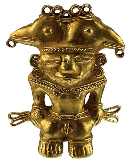 3 1/2" Tairona Male Effigy Pendant. Gold content