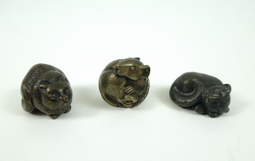 (3) Miniature Bronze Cat and Mouse Figures.