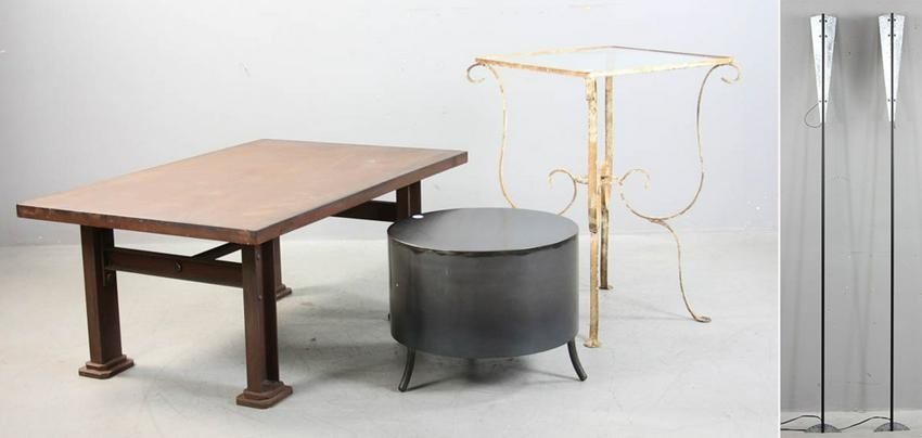 (3) Wrought Iron Tables, Pair of Sconces