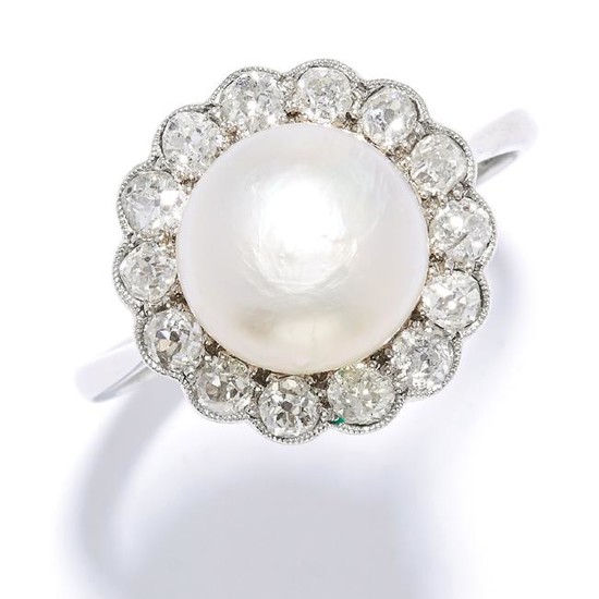 PEARL AND DIAMOND DRESS RING in platinum, set with a