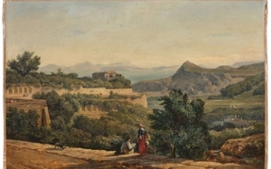 André Giroux Paris, 1801 - 1879 Dessinateur devant un paysage à Ischia