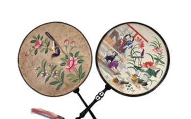 A Chinese embroidered circular ‘Pien Mien’ hand screen and a Chinese painted circular hand screen, Qing Dynasty