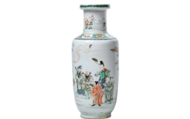 A CHINESE FAMILLE VERTE ROULEAU 'IMMORTALS' VASE.
