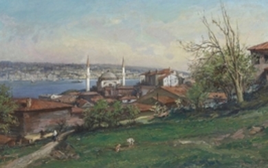 Fausto Zonaro (Italian, 1854-1929), A view of Constantinople with the Dolmabahçe Mosque seen from the hills of Gümüssüyü