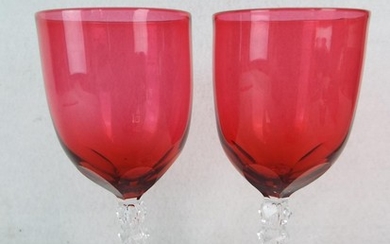 Pair of goblets with cut glass stems and Cranberry bowls. 6 inches tall.