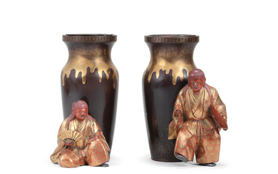 An unusual pair of gold-lacquer tall ovoid jars and Shojo (drunken spirit)