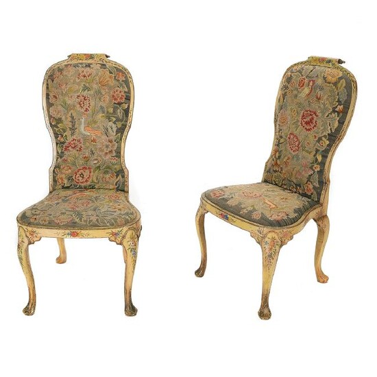 Pair of George I Paint Decorated and Needlework