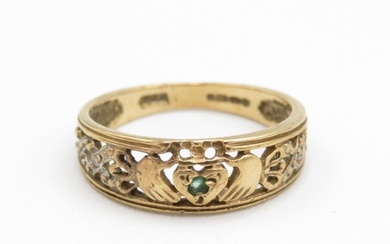 9ct gold emerald & white gemstone Irish claddah ring (2g) Si...