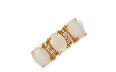 A 14ct gold opal cabochon three-stone dress ring, with brill...