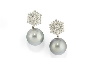 A 18K white gold, Tahiti cultured pearl and diamond earring