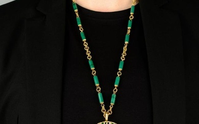 A 1970s 18ct gold diamond and malachite pendant, with malachite chain, by Kutchinsky.Estimated total
