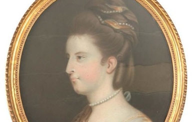 A 19TH CENTURY PASTEL OF A YOUNG LADY with pearl n