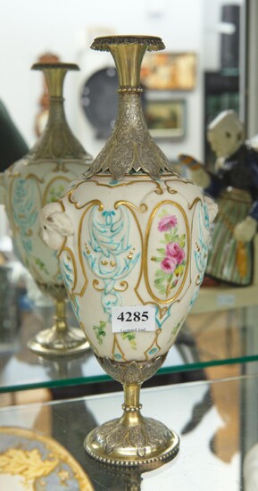 A 19TH CENTURY SILVER GILT MOUNTED HAND PAINTED PARIAN VASE WITH BIRD MOTIFS