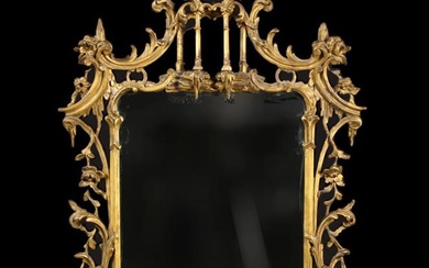 A 19th Century Chinese Chippendale Style Carved & Gessoed Gilt Wall Mirror. The rectangular glass in
