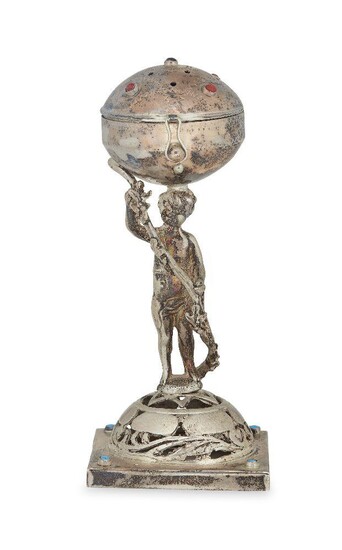 A 19th century Russian silver spice box (besamim), Moscow, c.1873, assay master Victor Savinkov or Savinsky, maker I.A (Cyrillic И.А), the square base with turquoise points to a domed foot designed with a Star of David and supporting a figural...