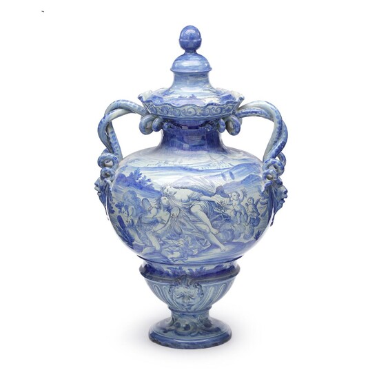 SOLD. A 19th century majolica vase with cover decorated in blue. H. 64 cm. – Bruun Rasmussen Auctioneers of Fine Art