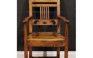 A 19th century vernacular elm armchair, rectangular back wit...