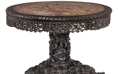 A CONSOLE TABLE WITH A TABLE AND FOUR STOOLS, CHINA, QING DYNASTY, 18TH-19TH CENTURY