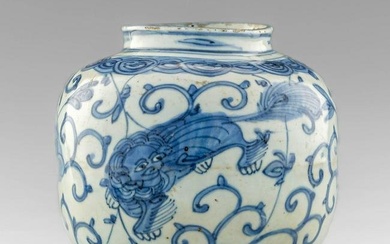 A Chinese blue and white jar with lions, 16th century