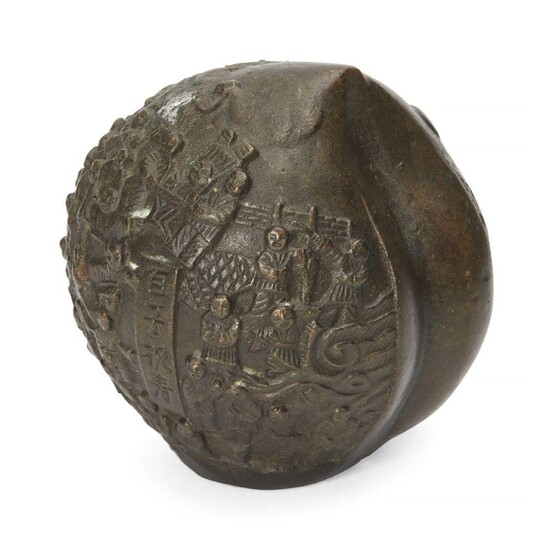 A Chinese bronze peach scroll weight, early 20th century, decorated...