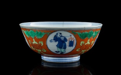 A Chinese coral red-ground blue and white bowl with gold enamel, 19th century