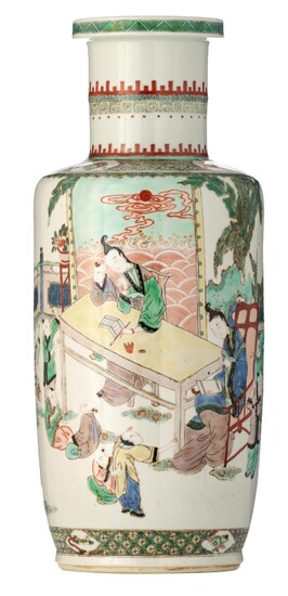 A Chinese famille verte rouleau vase, late 19thC/Republic...