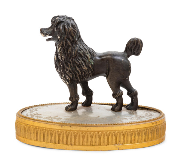A Continental Gilt and Patinated Bronze Mother of Pearl Inset Figure of a Poodle