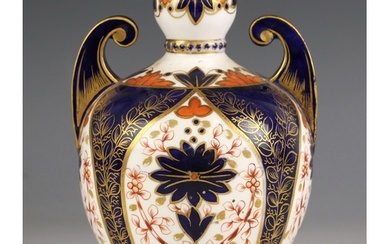 A Crown Derby vase, late 19th century, of twin handled bulbo...
