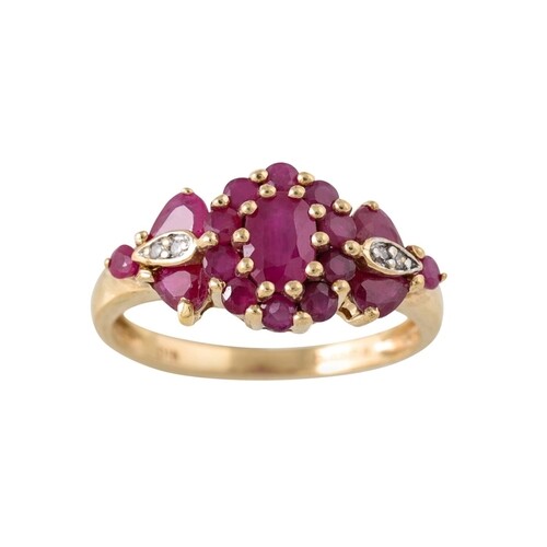 A DIAMOND AND RUBY CLUSTER RING, mounted in 9ct gold, size N...