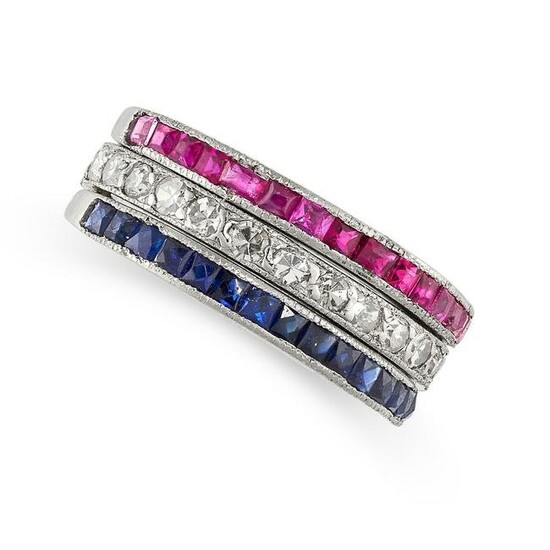 A DIAMOND, RUBY AND SAPPHIRE REVERSIBLE ETERNITY BAND