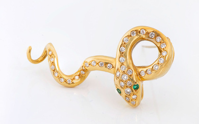 A Fine 18K Gold Diamond and Emerald Snake Brooch