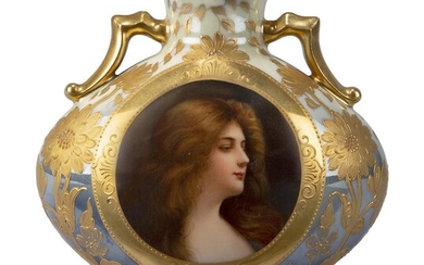 A French porcelain vase, c.1900, titled Reflexion to the underside, decorated with a portrait of a maiden with free flowing hair, the body with gilded flowers, 12cm high, 12cm wide
