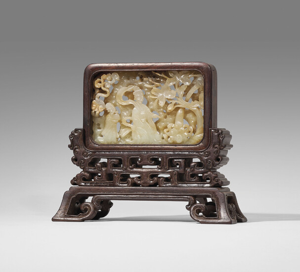 A GREYISH-WHITE OPENWORK JADE-INSET SMALL HONGMU TABLE SCREEN, JADE PLAQUE: SONG DYNASTY (960-1279) STAND: 20TH CENTURY