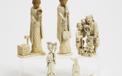 A Group of Nine Ivory, Antler, and Bone Carved Okimono, Netsuke, and Other Carvings, 19th-20th Century