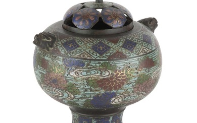 A Japanese Champleve Enamel and Bronze Footed Koro and Cover 19th century