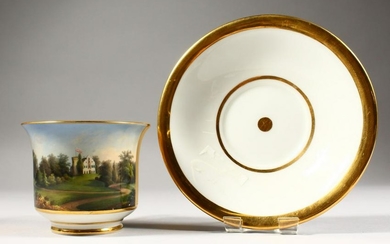 A LARGE BERLIN CUP AND SAUCER, painted with a building