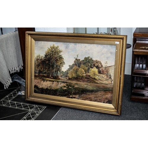 A Large Oil on Canvas Forest Landscape with figures. Signed ...