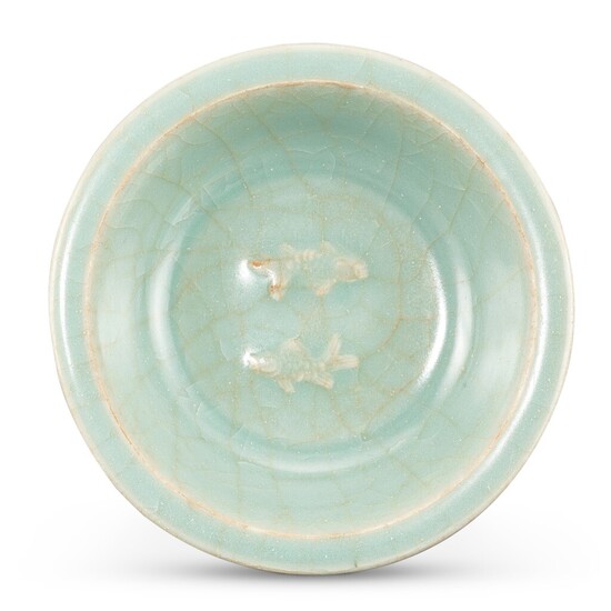 A Longquan celadon 'twin fish' dish, Song dynasty 宋 龍泉青釉印雙魚折沿盤