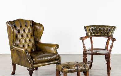 A Lounge chair, office chair and ottoman, Leather on wood, Chesterfield. (L:84 x W:80 x H:100 cm)