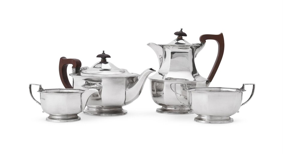 A MATCHED SILVER CANTED-RECTANGULAR FOUR PIECE TEA SERVICE, ADIE BROS